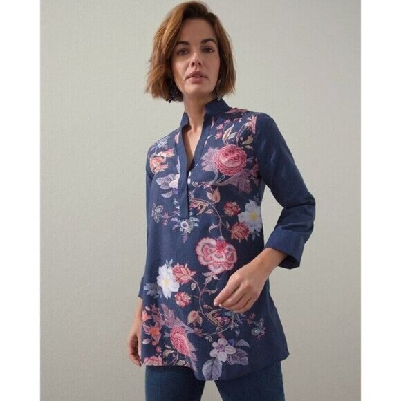 Chico's No-Iron Stretch Flower Print Tunic Blouse Top 0.5 size 4 6 - Picture 2 of 7